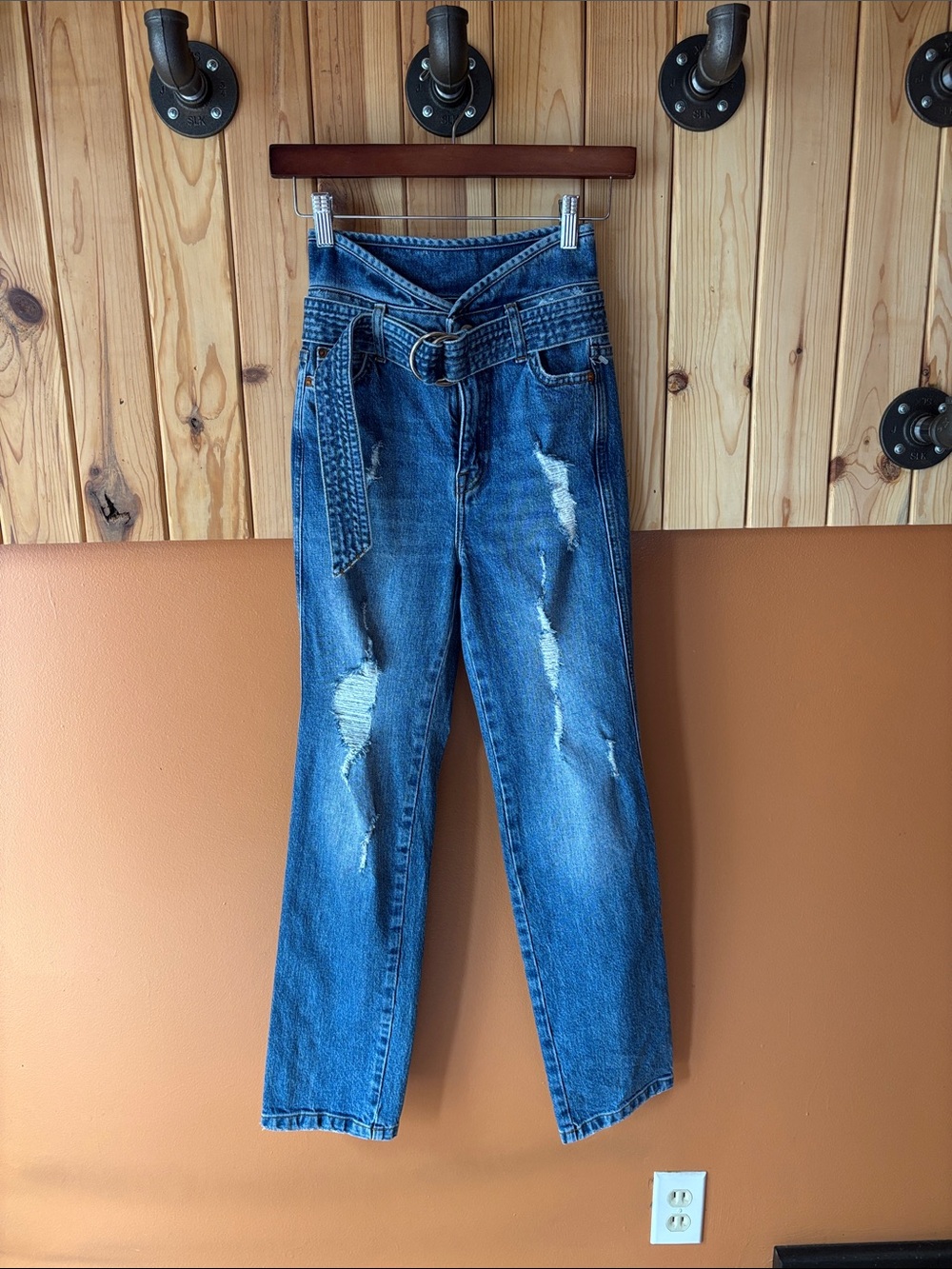 Marissa Webb High-Rise Distressed Wide Leg Blue Women’s Jeans with Waist Tie